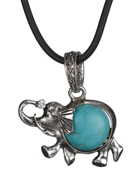 Blue Bead Textured Elephant Necklace Pendant on Cord by Jewelry Nexus