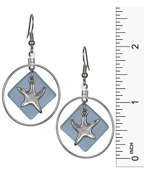 Mermaid Memories Polished Starfish on Sea Glass Dangling on French Wire Earrings