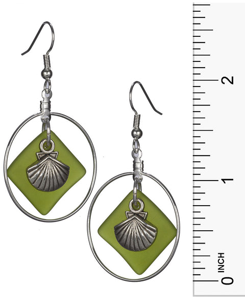 Mermaid Memories Sea Shell on Sea Glass Dangling Hoop on French Wire