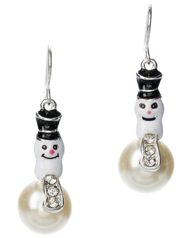 Silver-tone Cheerful Christmas Snowman in a Top Hat with Imitation Pearl by Jewelry Nexus