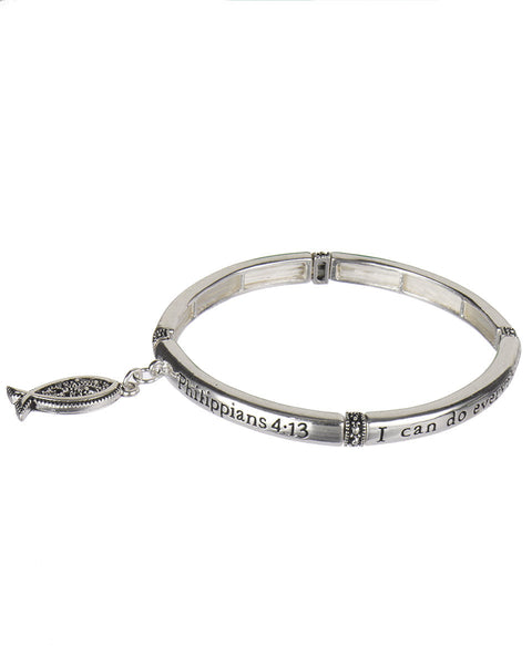 Philippians 4:13 Filigree Fish Silver-tone Stretch Bracelet with Prayer Bookmark - Jewelry Nexus