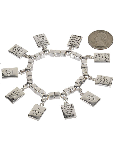 The 10 Commandments, Each Engraved in a Charm Stretch Bracelet with Prayer Bookmark - Jewelry Nexus