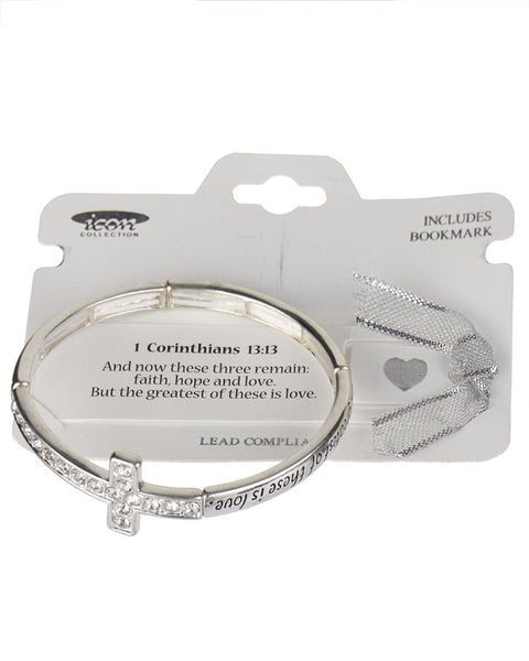 1 Corinthians 13:13 Inspirational Cross Stretch Bracelet with Prayer Bookmark - Jewelry Nexus