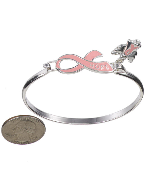 Pink Ribbon Theme Angel Charm Silver Tone Bangle Bracelet - Jewelry Nexus