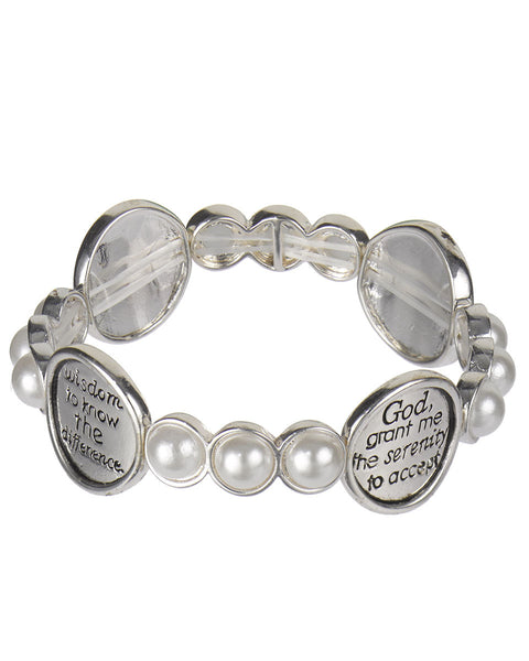 Serenity Prayer Silver-tone Imitation Pearl Bracelet with Book Mark " God Grant me the.." - Jewelry Nexus