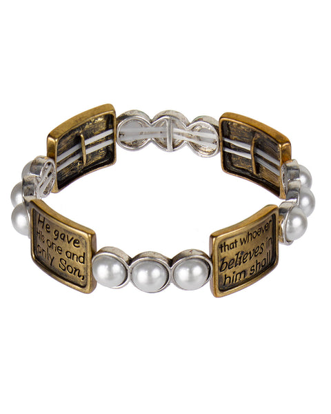 John 3:16 Inspirational Religious Engraved Imitation Pearl Stretch Bracelet with Bookmark
