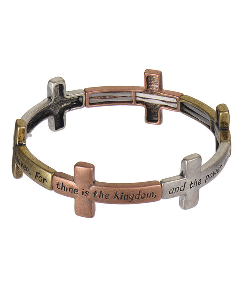 The Lord's Prayer Engraved Cross Charm Stretch Bracelet " Our Father who art...."- Jewelry Nexus