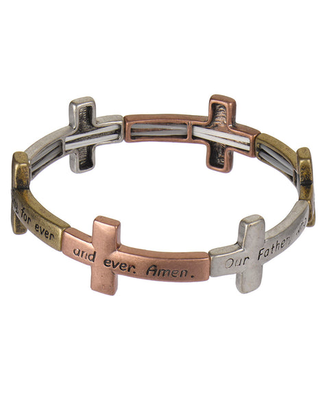 The Lord's Prayer Engraved Cross Charm Stretch Bracelet " Our Father who art...."- Jewelry Nexus
