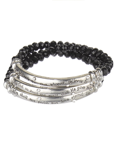 John 3:16 Inspirational Religious Multiple Layer Black Bead ID Stretch Bracelet - Jewelry Nexus