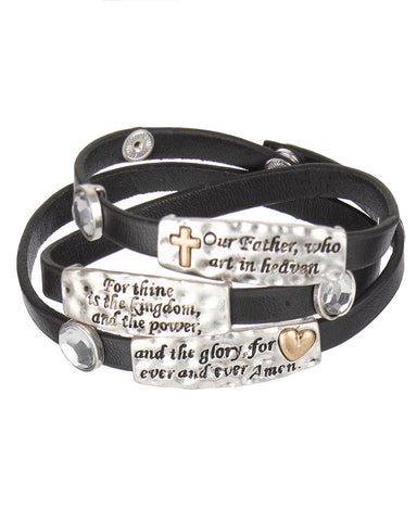 The Lord's Prayer Hammered ID Faux Leather Wrap Bracelet " Our Father who art.."- Jewelry Nexus