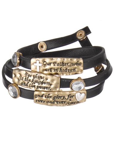 The Lord's Prayer Hammered ID Faux Leather Wrap Bracelet " Our Father who art.."- Jewelry Nexus