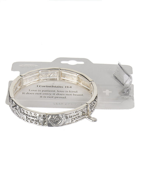 1 Corinthians 13:4 Heart Charm Hammered Stretch Bracelet "Love is patient, love is.."- Jewelry Nexus