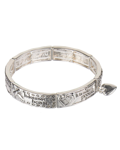 1 Corinthians 13:4 Heart Charm Hammered Stretch Bracelet "Love is patient love is.."- Jewelry Nexus