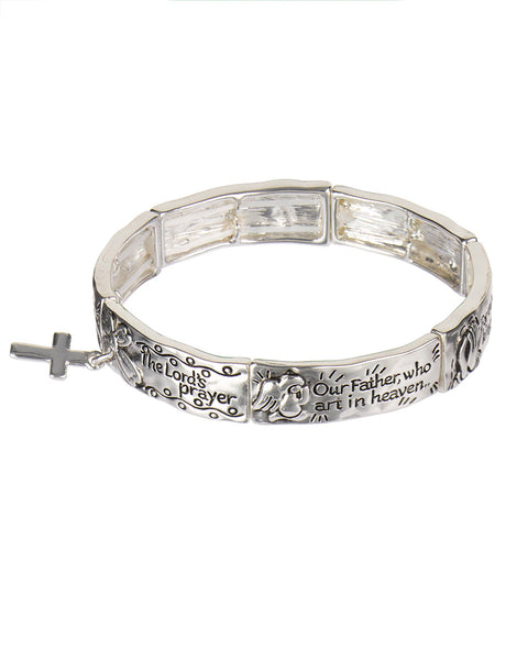The Lord's Prayer Cross Charm Hammered  Stretch Bracelet " Our Father who art...."- Jewelry Nexus