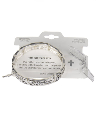 The Lord's Prayer Cross Charm Hammered  Stretch Bracelet " Our Father, who art...."- Jewelry Nexus