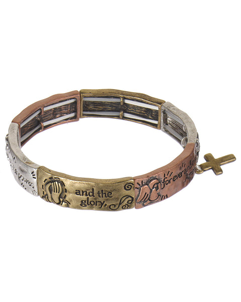 The Lord's Prayer Cross Charm Hammered  Stretch Bracelet " Our Father who art...."- Jewelry Nexus