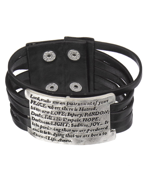 Prayer of St. Francis Hammered Antique Faux Leather Bracelet & Four Button Closure - Jewelry Nexus