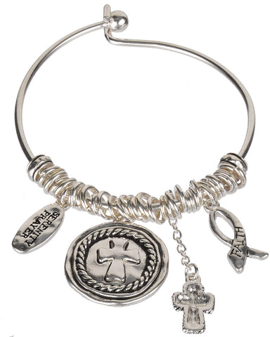 Serenity Prayer & Cross Charms Wire Bangle Bracelet " God Grant me the Serenity...." - Jewelry Nexus