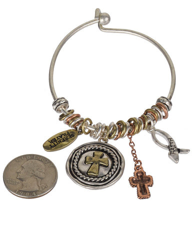 Serenity Prayer & Cross Charms Wire Bangle Bracelet " God Grant me the Serenity...." - Jewelry Nexus