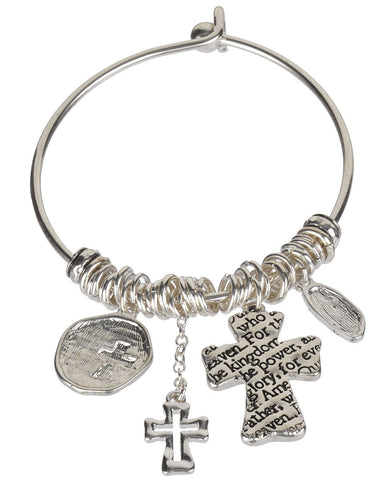 The Lord's Prayer & Cross Charms Wire Bangle Bracelet " Our Father, who art in...." - Jewelry Nexus