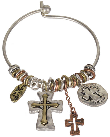 The Lord's Prayer & Cross Charms Wire Bangle Bracelet " Our Father who art in...." - Jewelry Nexus