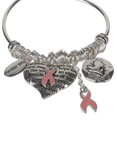 Pink Ribbon Theme Heart Charm Engraved Silver Tone Bangle Bracelet - Jewelry Nexus