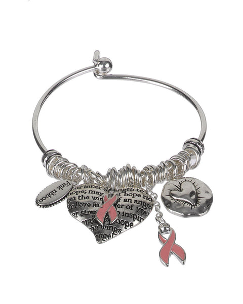 Pink Ribbon Theme Heart Charm Engraved Silver Tone Bangle Bracelet - Jewelry Nexus