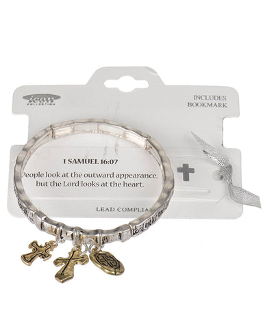 1 Samuel 16:07 Inspirational Cross & Love Charm Stretch Bracelet with Prayer Bookmark- Jewelry Nexus