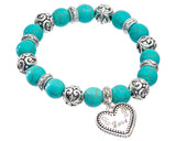 Mom Script Love Heart Charm Filigree Beaded Stretch Bracelet