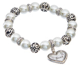 Mom Script Love Heart Charm Filigree Beaded Stretch Bracelet