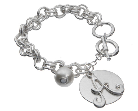 Monogram Silver-Tone Overlay Medallion Bracelet Imitation Pearl & Toggle Closure