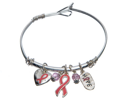 Pink Ribbon Hope Breast Cancer Survivor Crystal Wire Cuff Bracelet with Heart Charm