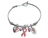 Pink Ribbon Hope Breast Cancer Survivor Crystal Wire Cuff Bracelet with Heart Charm