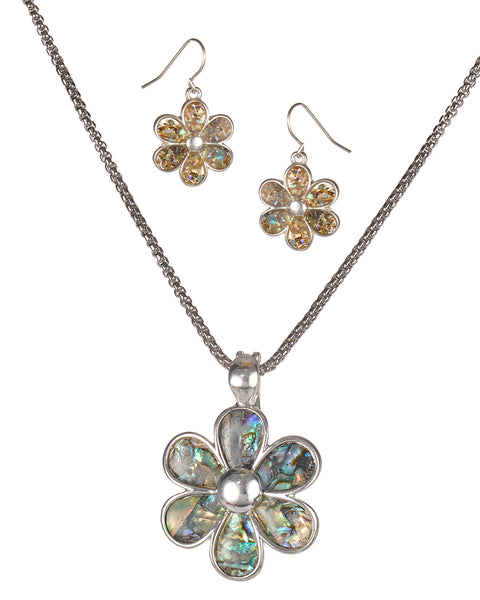 Silver-Tone Green Abalone Flower Pendant Magnetic Clasp Popcorn Chain & Matching Earrings
