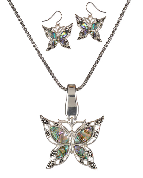 Silver-Tone Green Abalone Filigree Butterfly Magnetic Clasp Pendant Popcorn Chain & Earrings