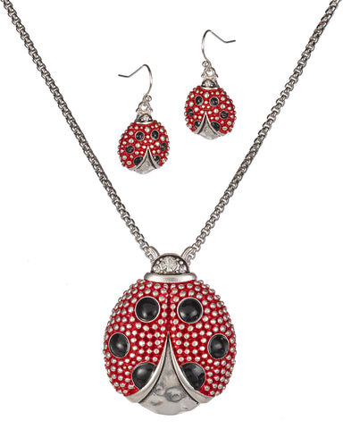 Silver-Tone Red & Black Lady Bug Magnetic Pendant Popcorn Chain & Earrings By Jewelry Nexus