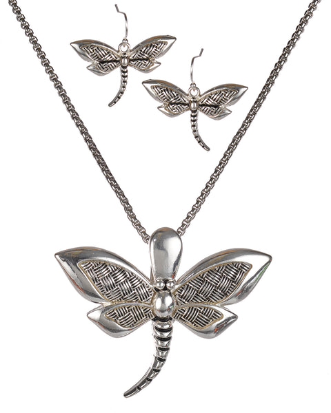 Gold-Tone Braid Textured Dragonfly Pendant with Popcorn Chain & Matching Earrings by Jewelry Nexus