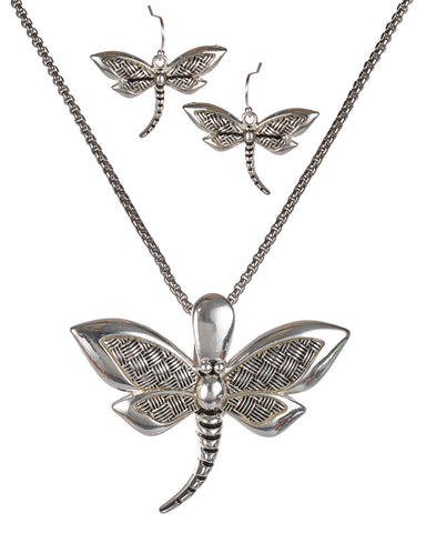 Gold-Tone Braid Textured Dragonfly Pendant with Popcorn Chain & Matching Earrings by Jewelry Nexus