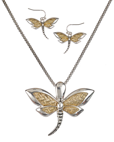 Gold-Tone Braid Textured Dragonfly Pendant with Popcorn Chain & Matching Earrings by Jewelry Nexus