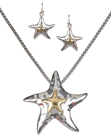 Two Tone Hammered Starfish Necklace Magnetic Pendant Earrings & Popcorn Chain By Jewelry Nexus
