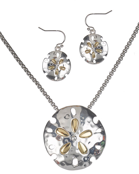 Two Tone Hammered Sand Dollar Necklace Magnetic Pendant Earrings & Popcorn Chain By Jewelry Nexus