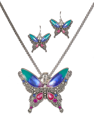 Silver-Tone Pink Blue Orange Purple Green Yellow Butterfly Pendant Popcorn Chain & Matching Earrings