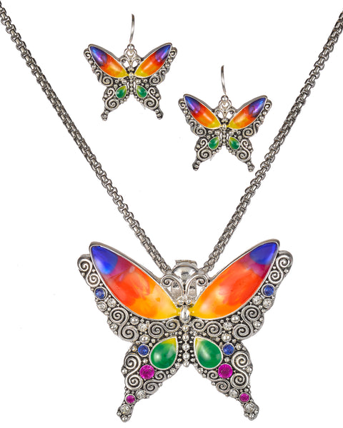 Silver-Tone Pink Blue Orange Purple Green Yellow Butterfly Pendant Popcorn Chain & Matching Earrings