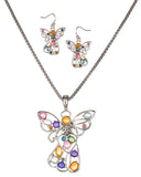 Silver-Tone Pink Yellow Blue Orange Purple Green Crystal Holy Angel Pendant Popcorn Chain & Earrings