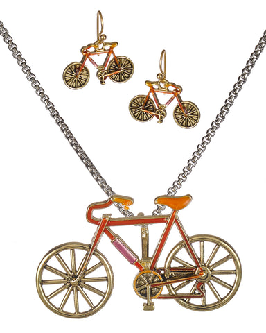 Silver-Tone Bicycle Pendant & Popcorn Chain Set & Matching Earrings