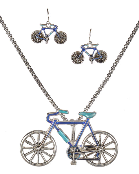 Silver-Tone Bicycle Pendant & Popcorn Chain Set & Matching Earrings