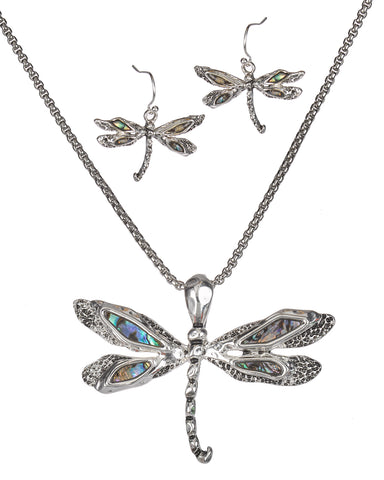 Silver-Tone Textured Abalone Dragonfly Pendant Popcorn Chain & Matching Earrings by Jewelry Nexus