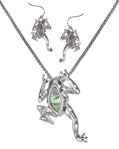 Silver-Tone Hammered Abalone Frog Pendant with Popcorn Chain & Matching Earrings by Jewelry Nexus