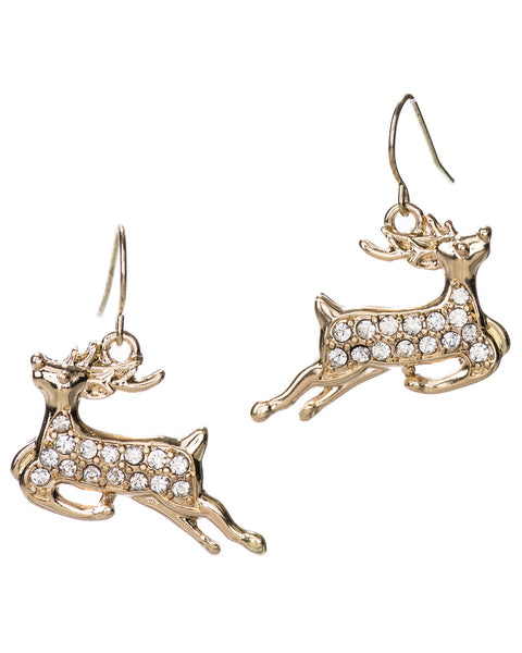 Gold-tone Christmas Flying Reindeer Drop Dangle Earrings & Rhinestones by Jewelry Nexus