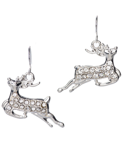 Silver-tone Christmas Flying Reindeer Drop Dangle Earrings & Rhinestones by Jewelry Nexus